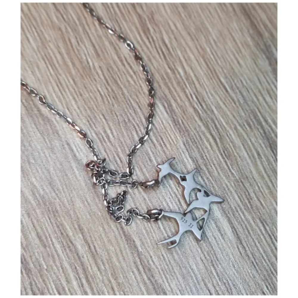 Sterling Silver 925 Flying Birds Pendant Modernist Style Necklace Sign JJ